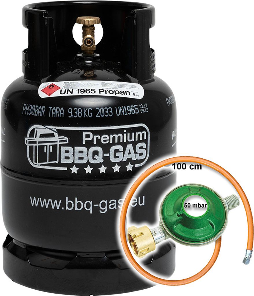 Premium BBQ-GAS Flasche 8kg ungefüllt im Set 1 Regler und Schlauch