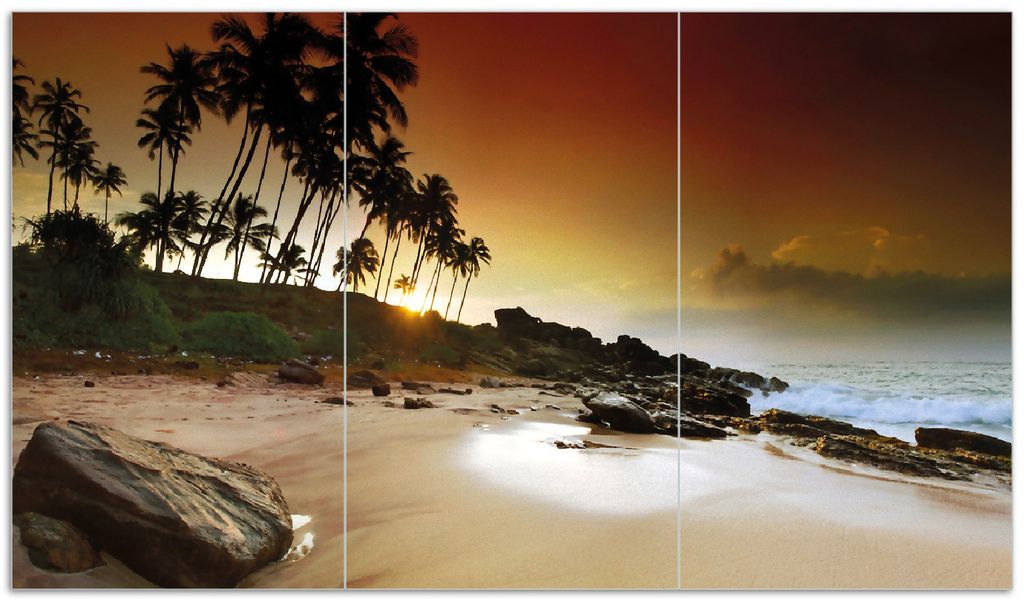 Wallario Herdabdeckplatte aus Glas, Größe 90 x 52 cm 3-teilig, Motiv Sri Lanka - Palmenstrand mit Sonnenuntergang