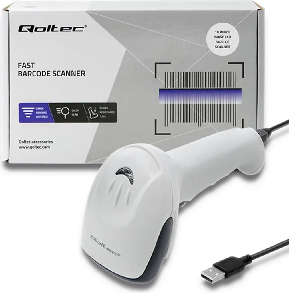 Scanner de Code-barres 1D Filaire Qoltec CCD USB pour Gestion de Stock