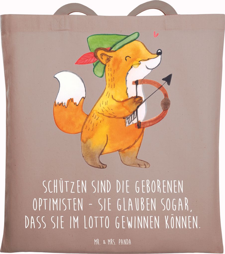 Mr. & Mrs. Panda Tote Bag Schütze Optimist - Braun Pastell - Geschenk, geborene Optimisten, Geschenke Astrologie, Horoskop, Tasche, Jutebeutel, La...