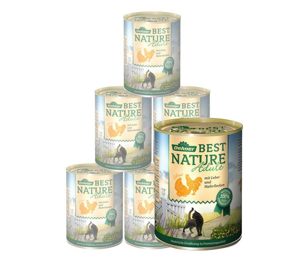 Dehner Best Nature Katzenfutter, Nassfutter, für ausgewachsene Katzen, Geflügel / Leber, 6 x 400 g Dose (2.4 kg)