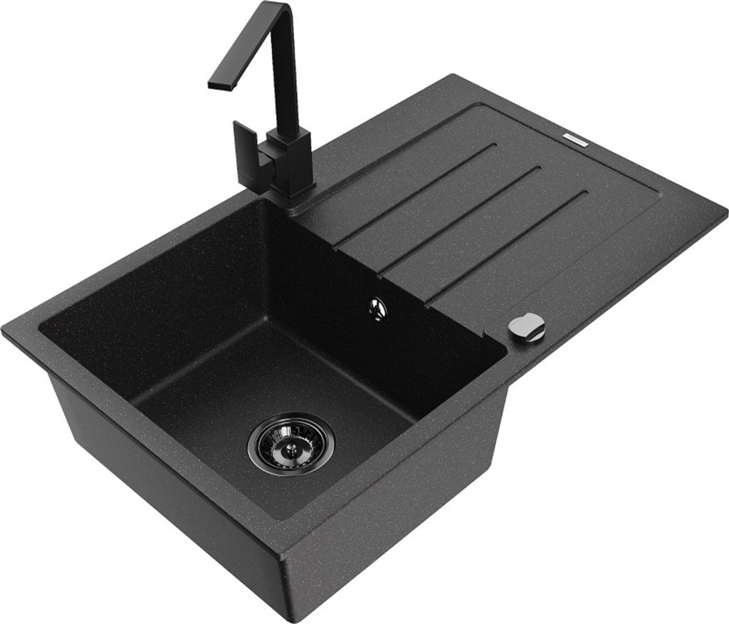 Mexen Bruno 1 Becken-Granitspüle mit Abtropffläche und Mischbatterie Rita, Schwarz/Silbermetallic - 6513-73-670300-70-B
