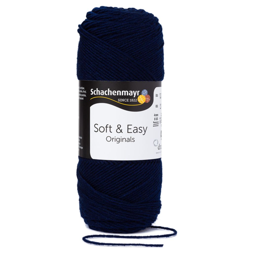 A ball of navy blue yarn with a label.