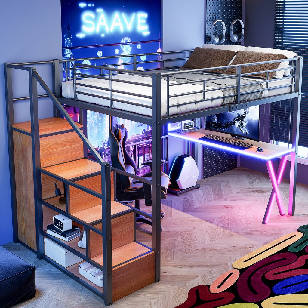 MODFU Hochbett 140x200 cm mit Matratze, Jugendbett mit Stauraumleiter, Kleiderschrank, Regal, Schreibtisch & LED-Leuchten – Schwarz