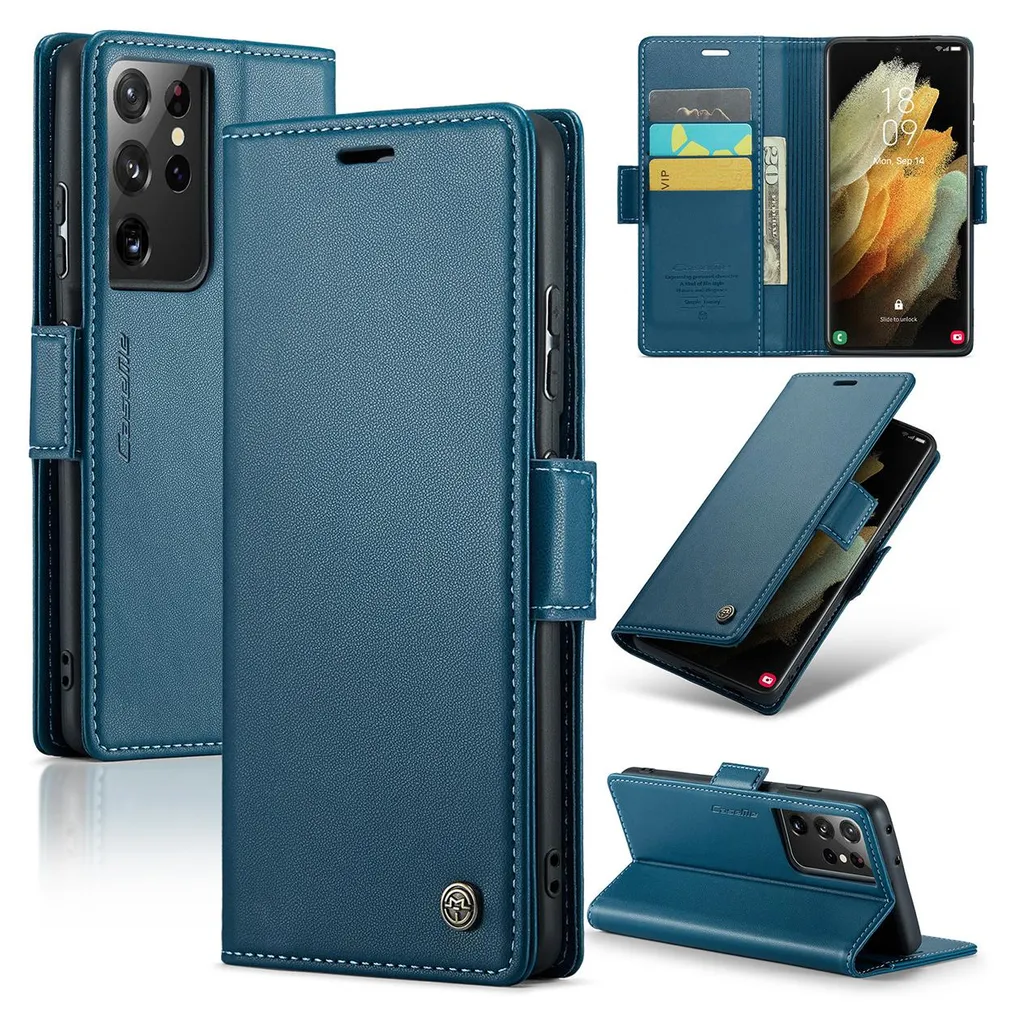 Regalo Ideale: Custodia Pelle Blu Samsung S21 Ultra 5G Flip RFID