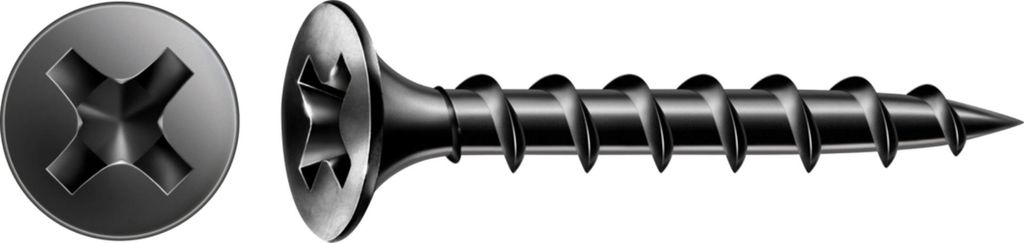 Two views of a black screw on a white background.