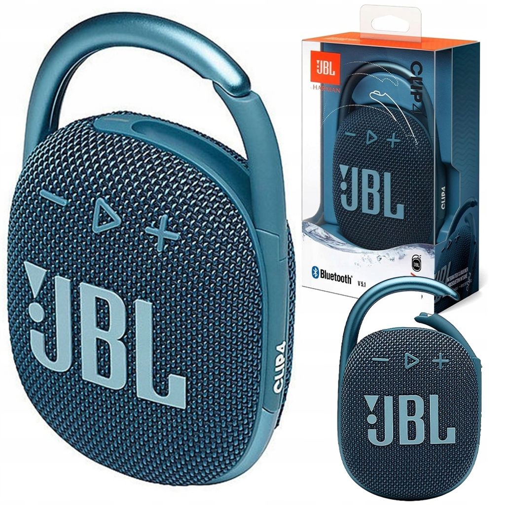 A JBL CLIP 4 Bluetooth speaker is shown in a studio setting with packaging and a smaller inset image.