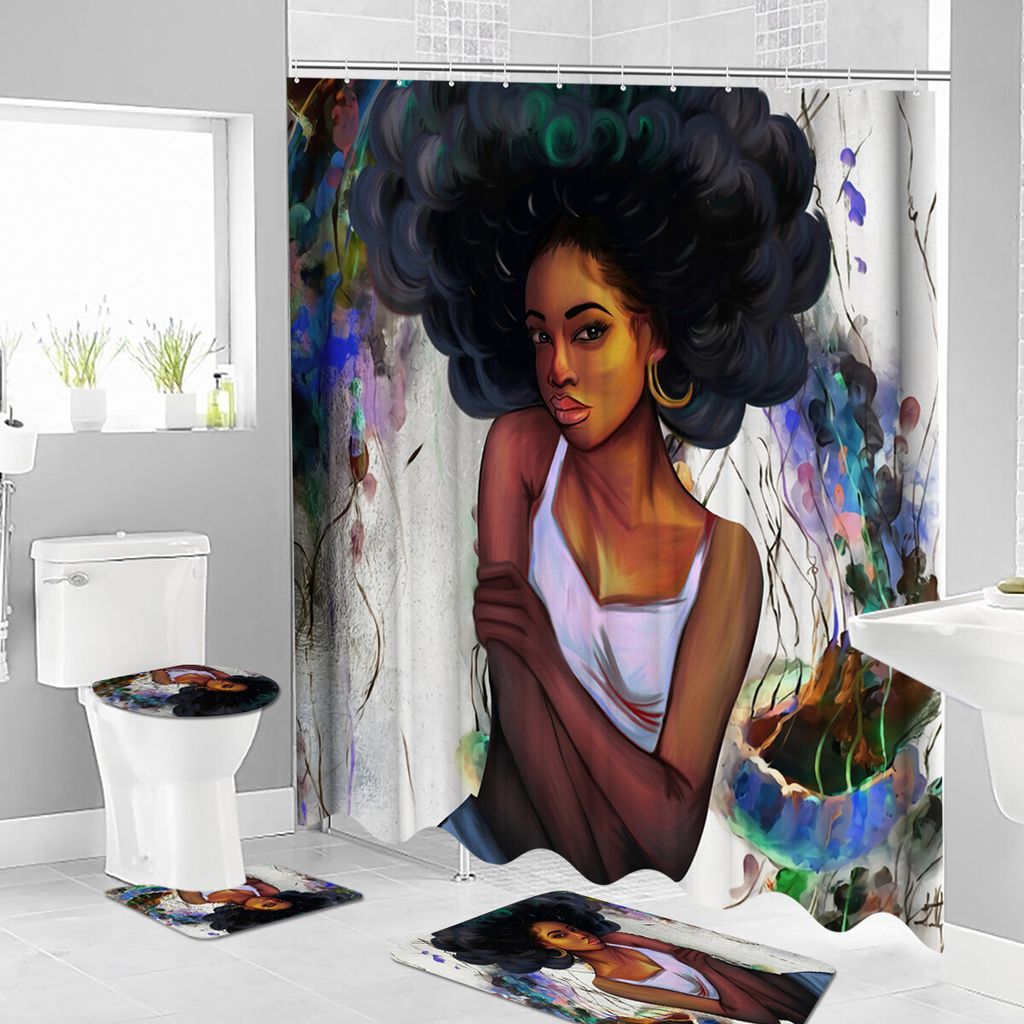 African Girl Dusche Vorhang Stoff Badezimmer Vorhänge Set rutschfeste Badewanne Matt Toilette Pad Teppich für Badezimmer Dekor - 3Pcs Bodenmatte