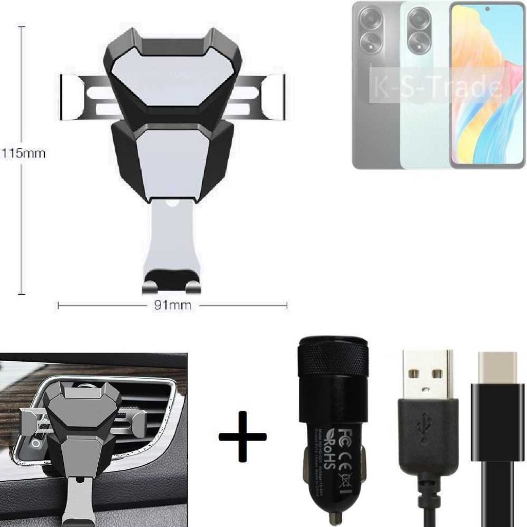 K-S-Trade Lüftungsschlitz Halterung kompatibel mit Oppo A58 4G Lüftungshalterung Lüftungsgitter schwarz-silber Auto-Halterung Smartphone Halter