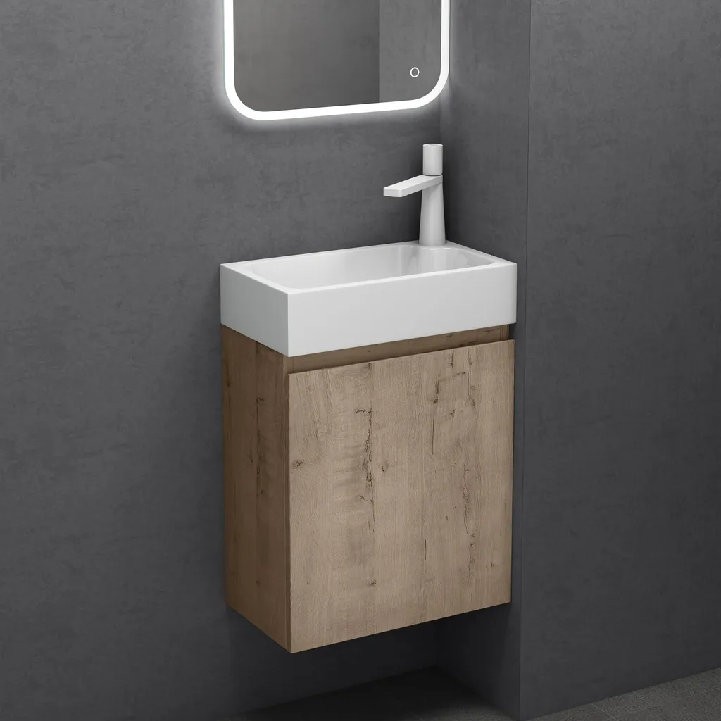Ensemble Lave-mains Chêne Clair 46cm et Vasque en Solid Surface Pisa - 2