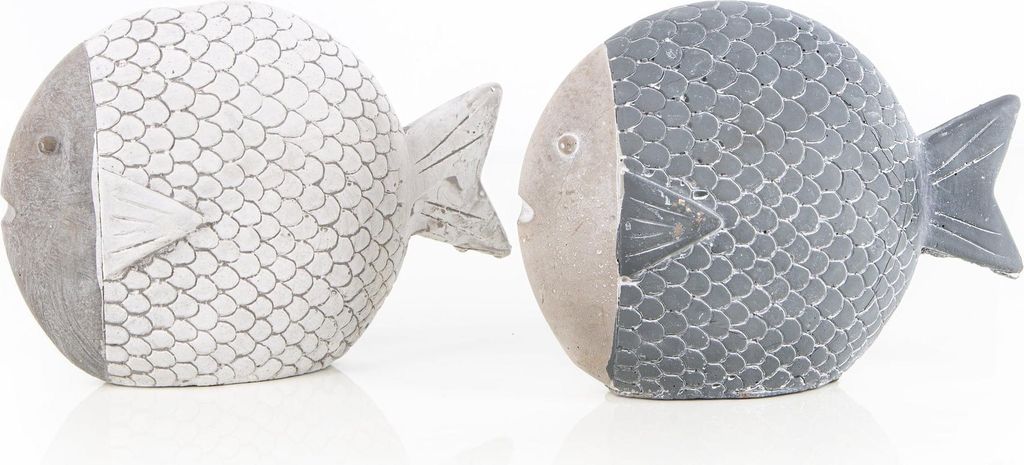 Set 2 Fische Figuren aus Zement grau weiß Maritim 19,5 cm