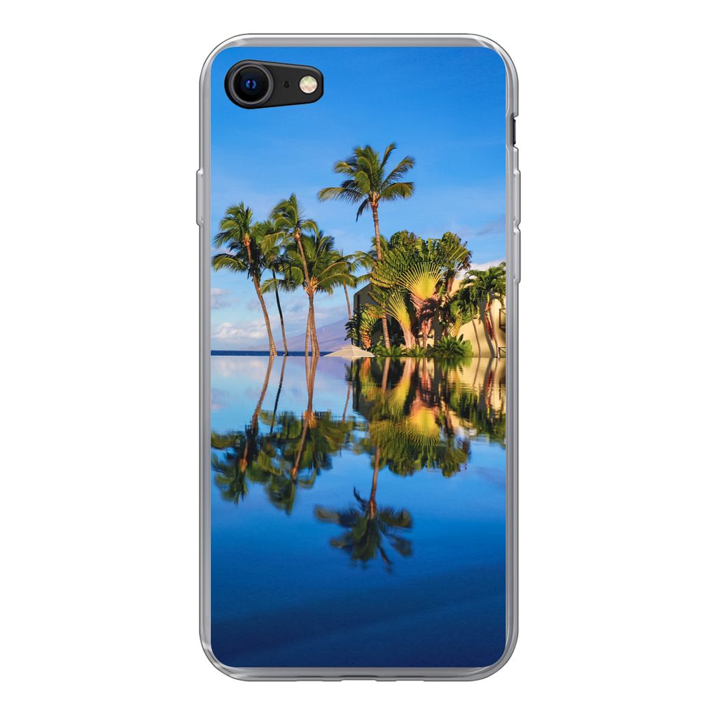 MuchoWow Handyhülle Schutzhülle Hülle für iPhone SE 2022 Am Wailea Beach in Hawaii spiegeln sich die Palmen im Wasser Silikon Softcase Handy ...
