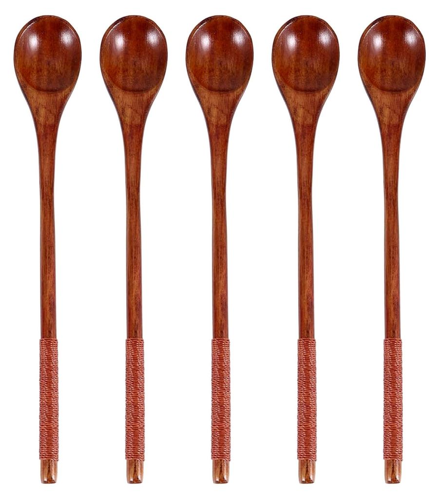 Langstielige Honiglöffel aus Naturholz, 5 Stück mit gebundenem Faden für Küche und Dessert