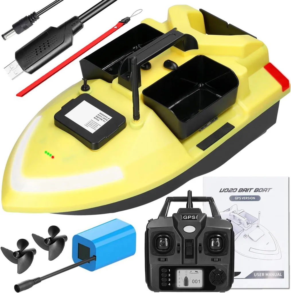 Bateau d'Appât GPS V020 Jaune avec Batterie 12000mAh et Portée 500m