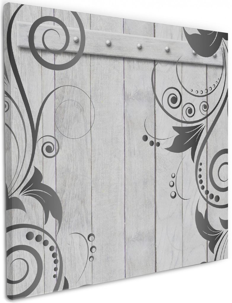 Wallario Premium Leinwandbild Graue Holztür mit Schnörkelmuster in Größe 50 x 50 cm