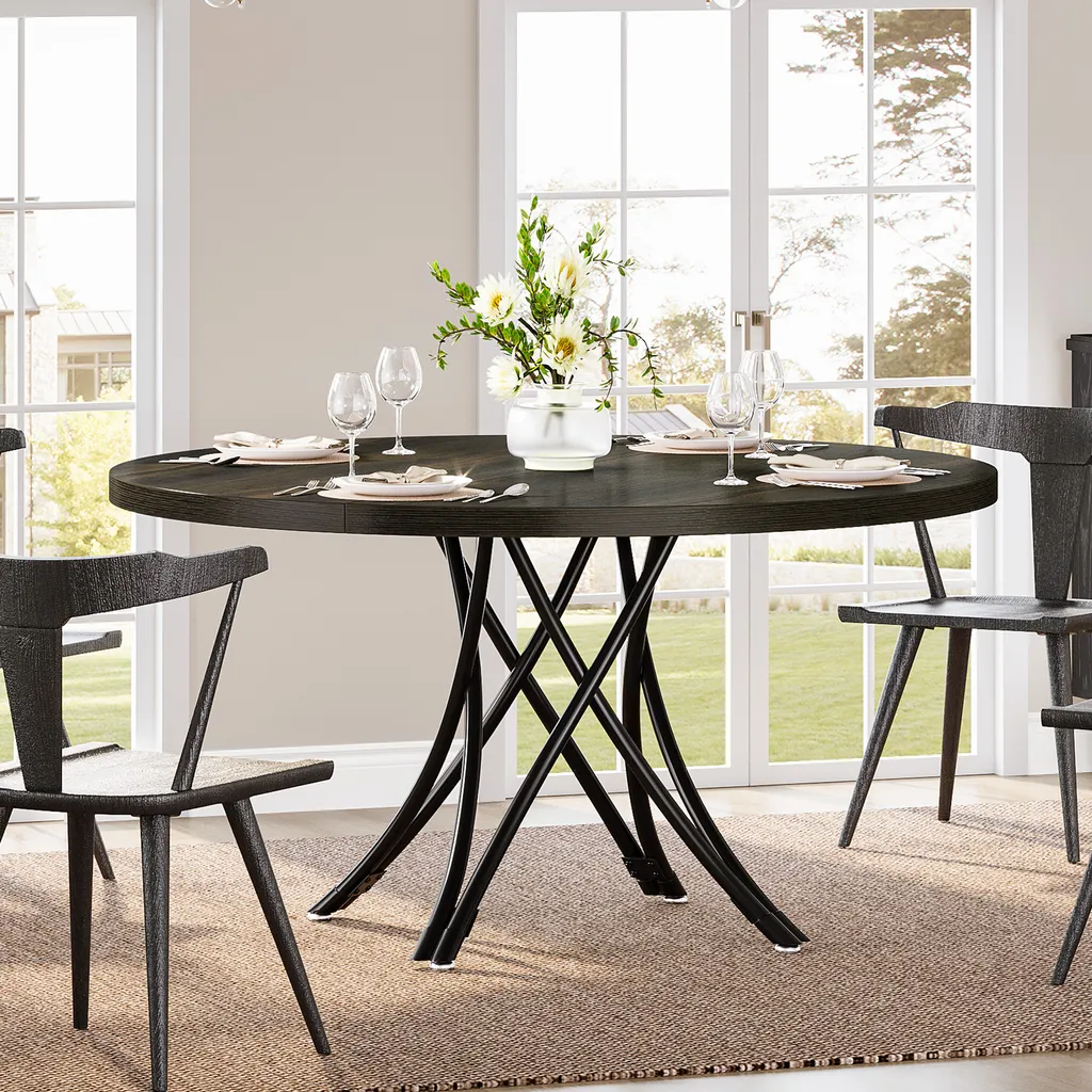Table de cuisine ronde 4 personnes style bois et métal noir 119cm