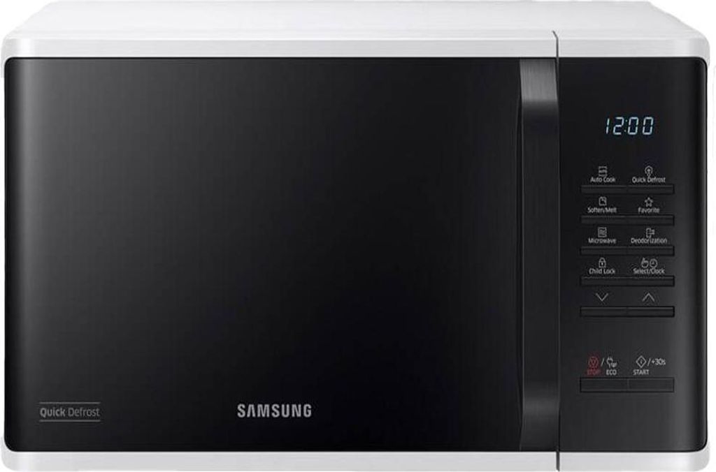 A front-facing studio shot of a Samsung microwave oven.