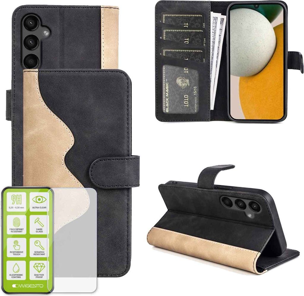 Für Samsung Galaxy A15 Design Handy Tasche Schwarz Etuis Kunst-Leder Hülle Case + H9 Hart Glas