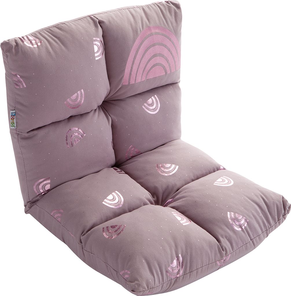 A purple children's floor chair with a rainbow pattern.