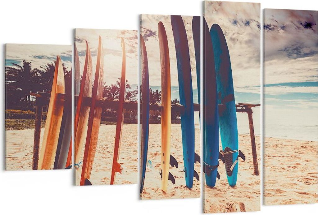 Bild auf Leinwand - Leinwandbild - 5 Teile - Surfen Strand Board - 150x100cm - Wand Bild - Wanddeko - Wandbilder - Leinwanddruck - Bilder - Wanddek...