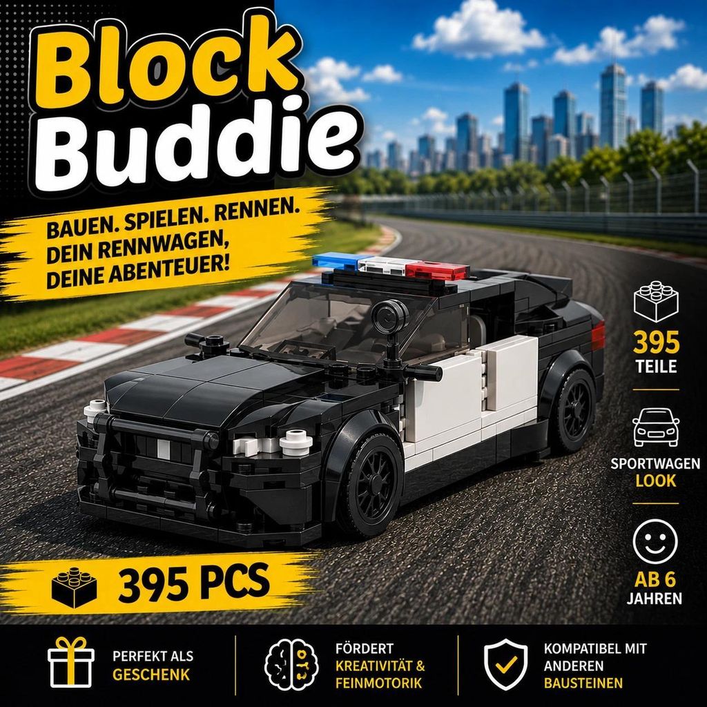 BlockBuddie M5 Polizeiauto inspiriertes Klemmbaustein Auto mit 395 Teilen – Sportwagen Modellbausatz