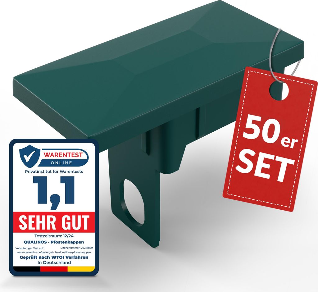 Qualinos Pfostenkappen 60x40 mm mit Sicherungssteg Grün 6005 (50 Stück) – für Doppelstabmattenzaun