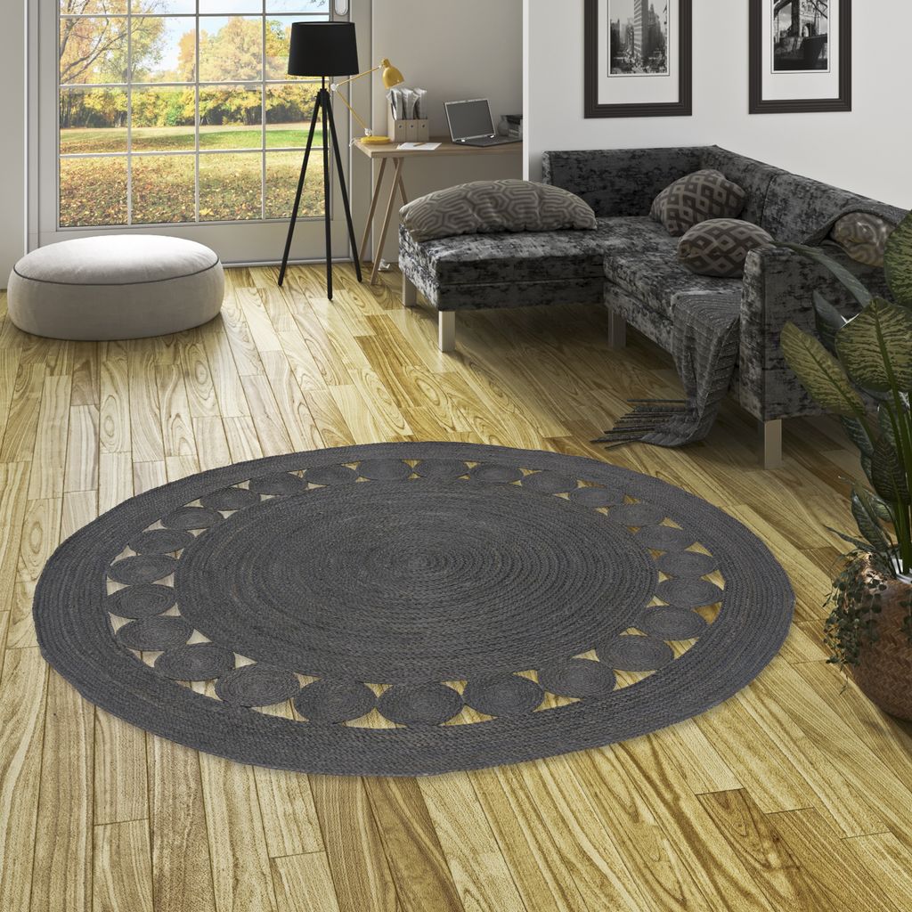 Naturfaser Teppich Handgefertigt Jute Salsa Modern Anthrazit Rund, Größe:200 cm Rund