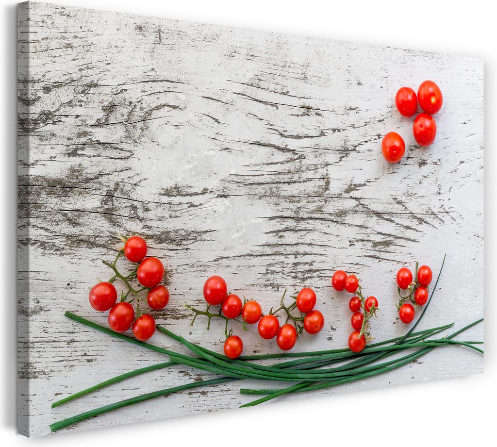 Leinwandbild (100x70cm): Wandbild zur Küchendeko Mini-Tomaten und Schnittlauch auf Holztisch, echter Holz-Keilrahmen inkl. Aufhänger, handgeferti...