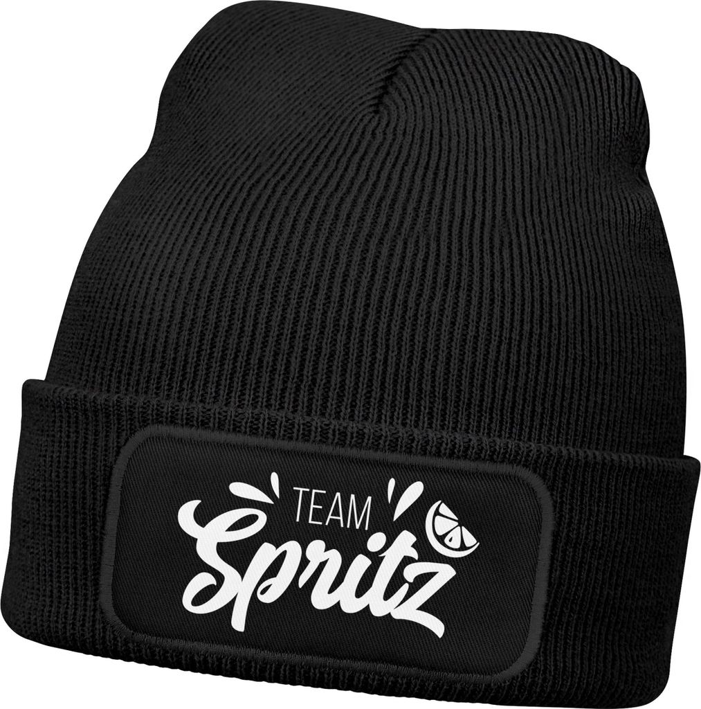 Damen Beanie mit Team Spritz Patch Strickmütze mit Spruch Aufdruck Lustig Party Damenmütze Moonworks