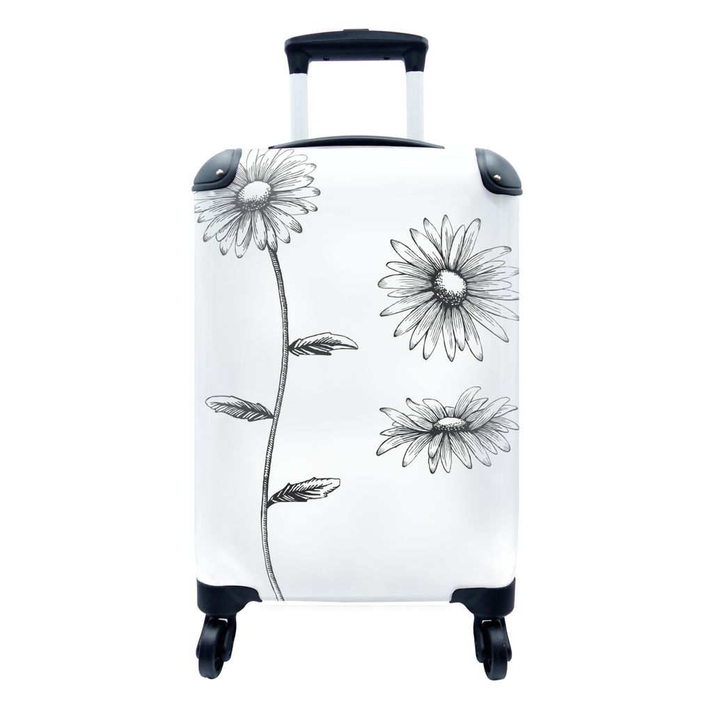 MuchoWow Koffer Handgepäck Trolley Rollkoffer Kleine Reisekoffer mit 4 Rollen - Gänseblümchen - Skizze - Pflanzen - Cabin Size < 55x40x23 cm &...