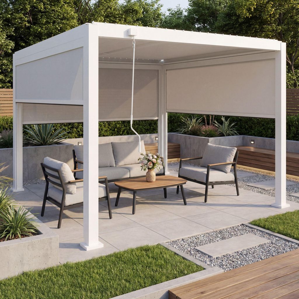 Pergola HWC-P65 mit 3x Seitenwand, Rollo Terrassenüberdachung Garten Lamellenpavillon, 10cm-Alu-Gestell 3x3m weiß