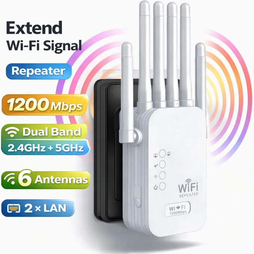 Extension de Portée Wi-Fi Double Bande AC1200 Linomag 6 Antennes Blanc