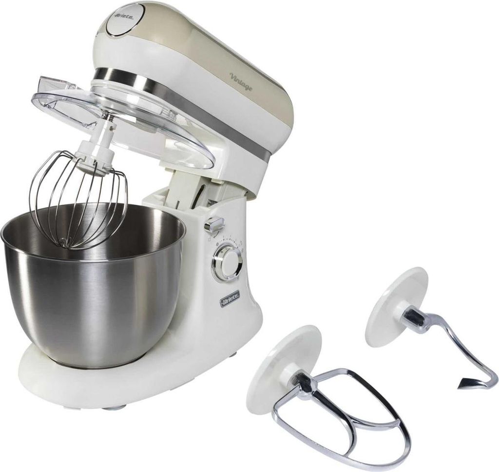 A white and cream colored stand mixer with a silver bowl and attachments.
