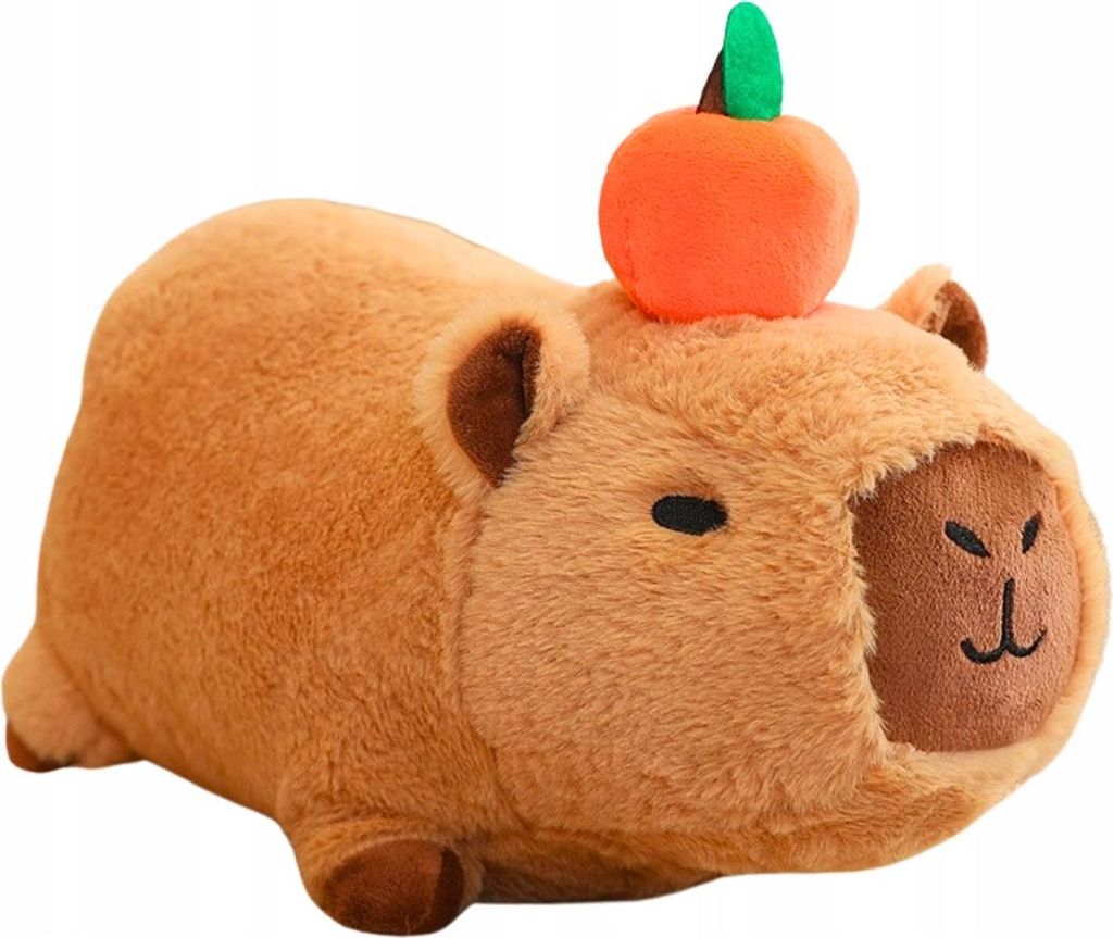 A plush toy capybara with an apple on its head, presented against a white background.