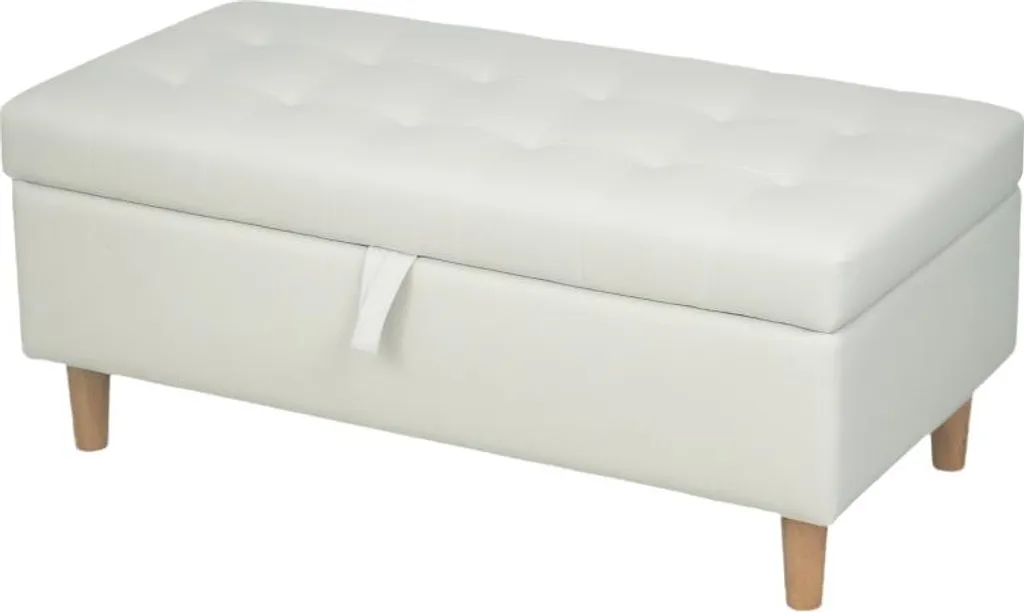 Pouf en tissu blanc crème Fortuna Lai avec pieds bois et coffre secret