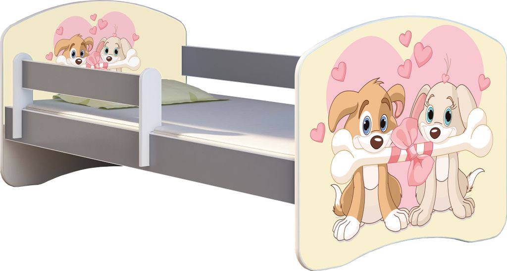 ACMA Jugendbett Kinderbett Junior-Bett Komplett-Set mit Matratze Lattenrost und Rausfallschutz Grau 12 Welpen 140x70