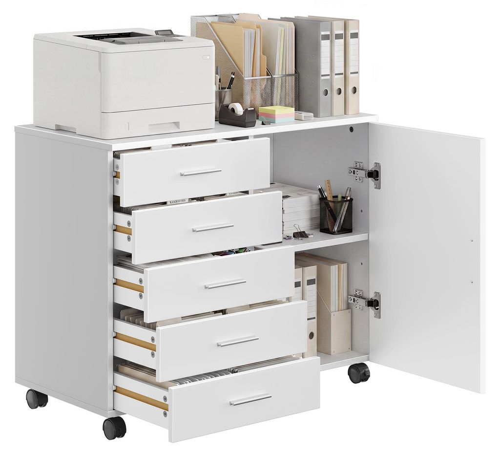 VASAGLE Rollcontainer, Aktenschrank, Schrank mit Tür, Druckerständer, 5 Schubladen, mit werkzeuglosen Gleitschienen, weiß