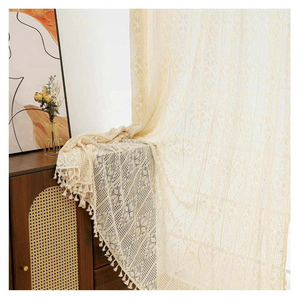 Gardinen mit Kräuselband in Beige, Vorhang mit Quaste, Boho-Stil, Häkeln und Stricken, Wohnzimmer, Modern, Voile, Schienensystem, Schlafzimmer, 2...