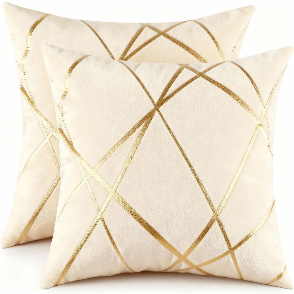 Set mit 2 Samtkissenbezügen, goldene Linienzeichnung, 45 x 45 cm, beige, dekorative Kissenbezüge für Sofa, Schlafzimmer oder Sessel