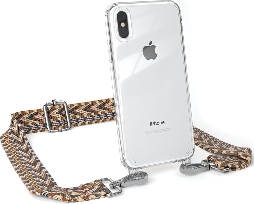 EAZY CASE Handykette - Verstellbarer Trageriemen kompatibel mit Apple iPhone X / XS, Handykordel mit transparenter Silikon-Hülle, Band in Braun