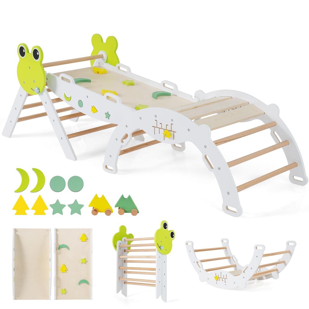 COSTWAY Klettergerüst Indoor 3er Set, klappabres Kletterdreieck mit Rutsche, Kletterbogen, doppelseitige Rampe, Baustein Set&2 Autos, für Kinder 1+
