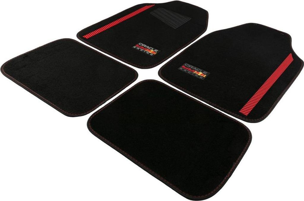 Red Bull Racing Red Bull 4er Set Powerbar-Teppiche aus PVC und schwarz/rotem Teppich für Autos, bequem und schmutzabweisend, Maße 66,5 cm x 45 cm