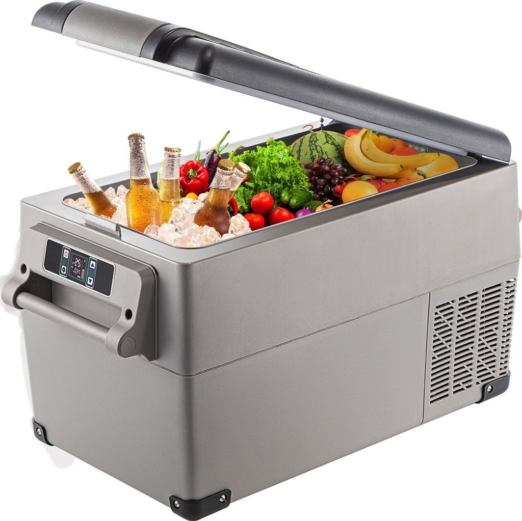 A portable refrigerator filled with food and drinks, with its lid open.