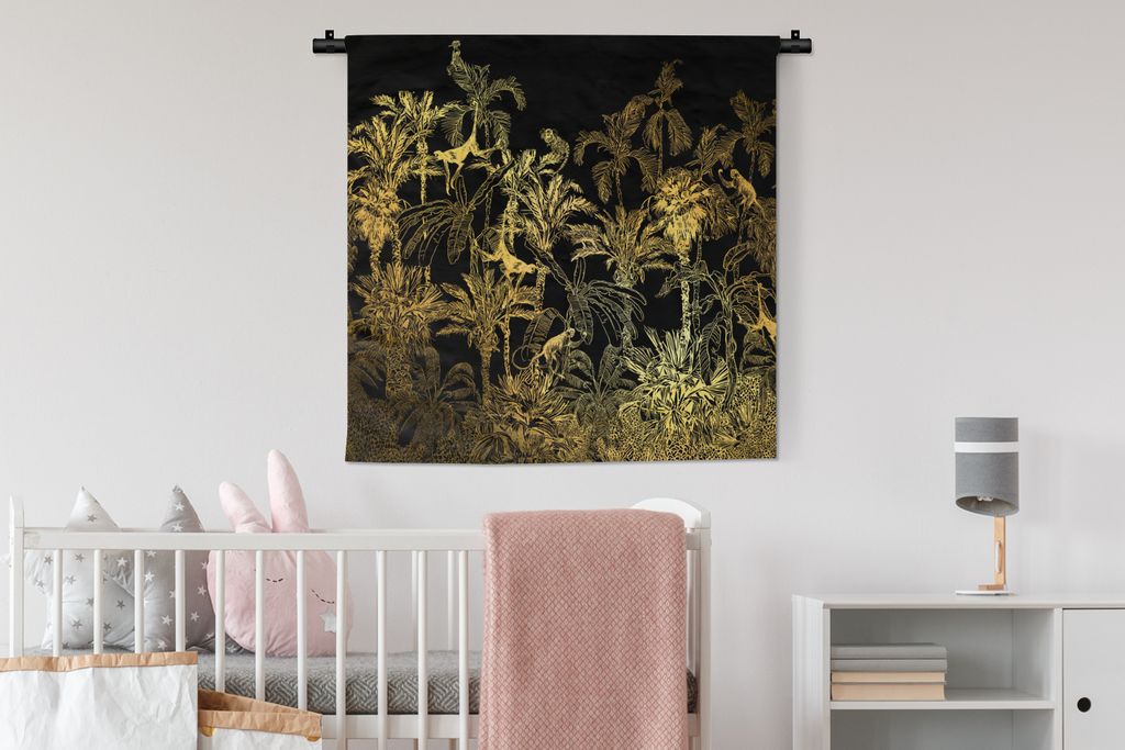 MuchoWow Wandteppich Wandbehang Dschungel - Gold - Schwarz 90x90 cm Tapisserie Dekoration Wandtuch - Wandaufhänger