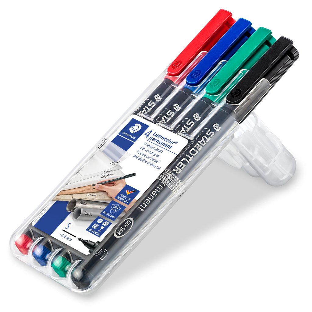 Staedtler Lumocolor 313 WP4, Czarny, Niebieski, Zielony, Zdjęcie produktu 