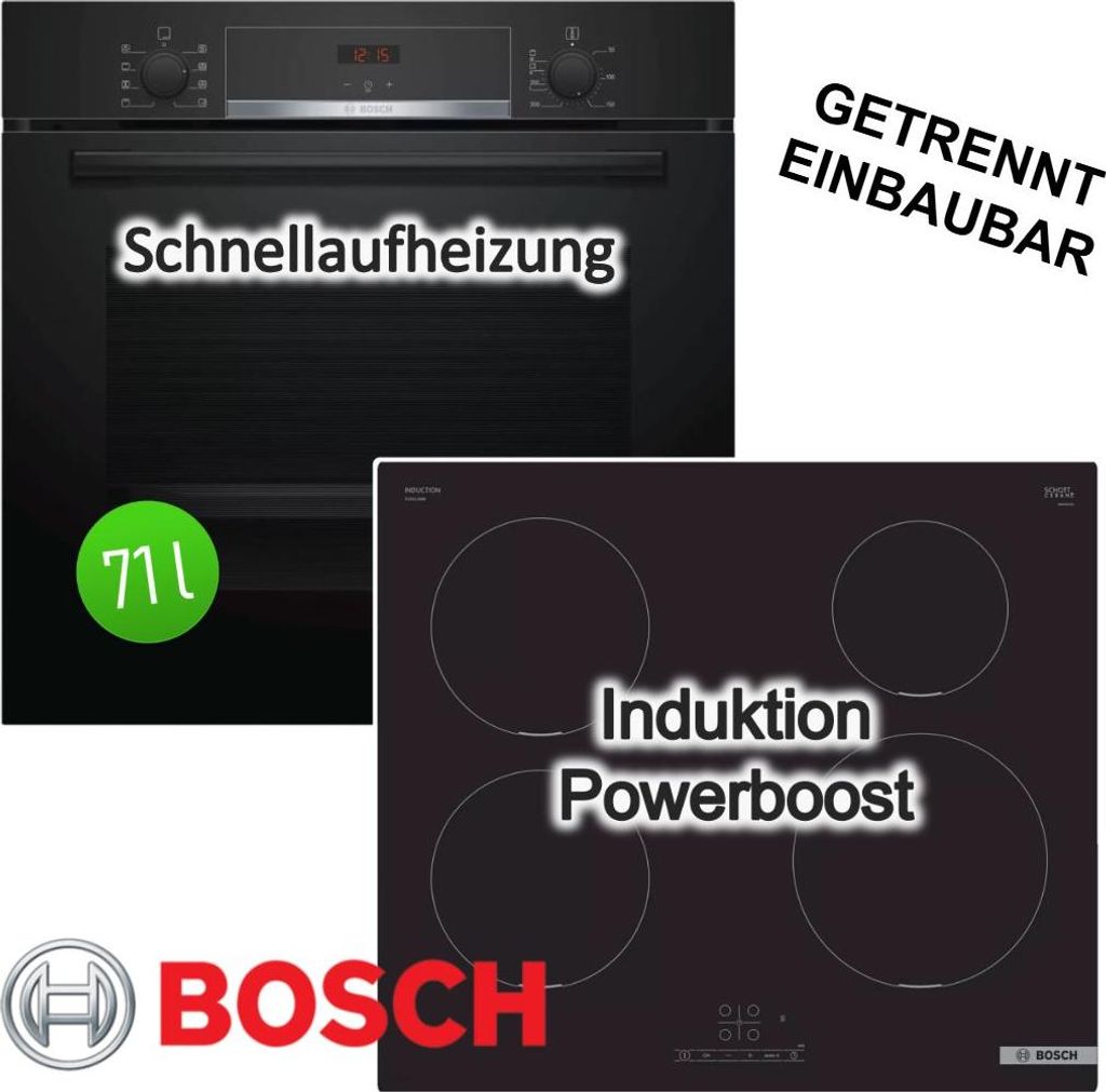 BOSCH Herdset EcoClean Schnellaufheizung + Induktionskochfeld 71 Liter Edelstahl EcoClean
