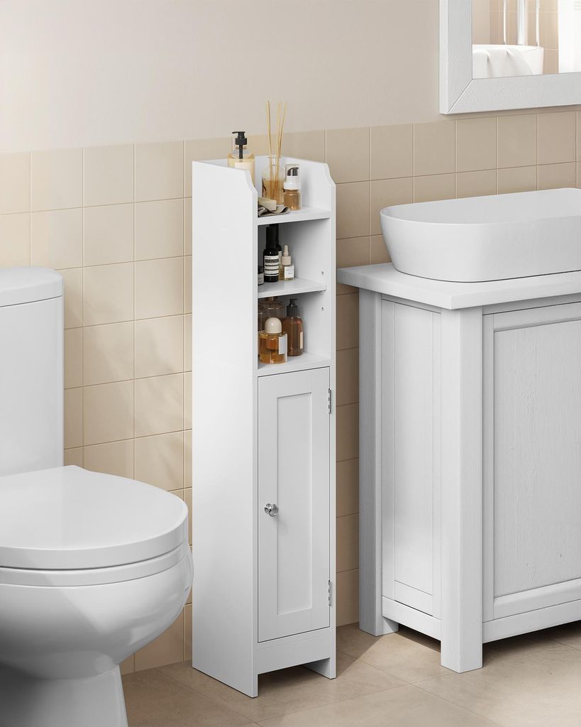 A white bathroom storage cabinet is shown next to a toilet and a sink.