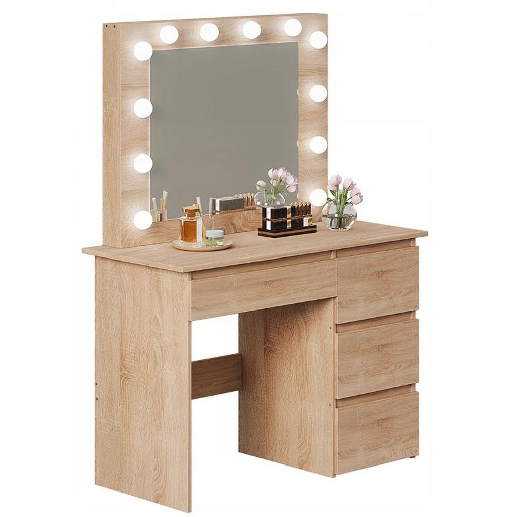 Schminktisch mit Spiegel, 4 Schubladen, braun, LED