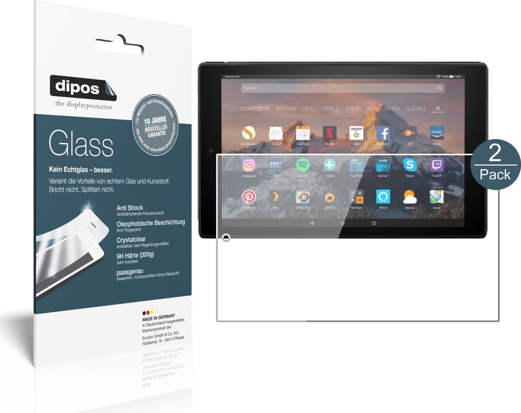 2x Schutzfolie für Amazon Fire HD 10 (2019) - Anti-Shock 9H Folie dipos Glass Kunststoffglas