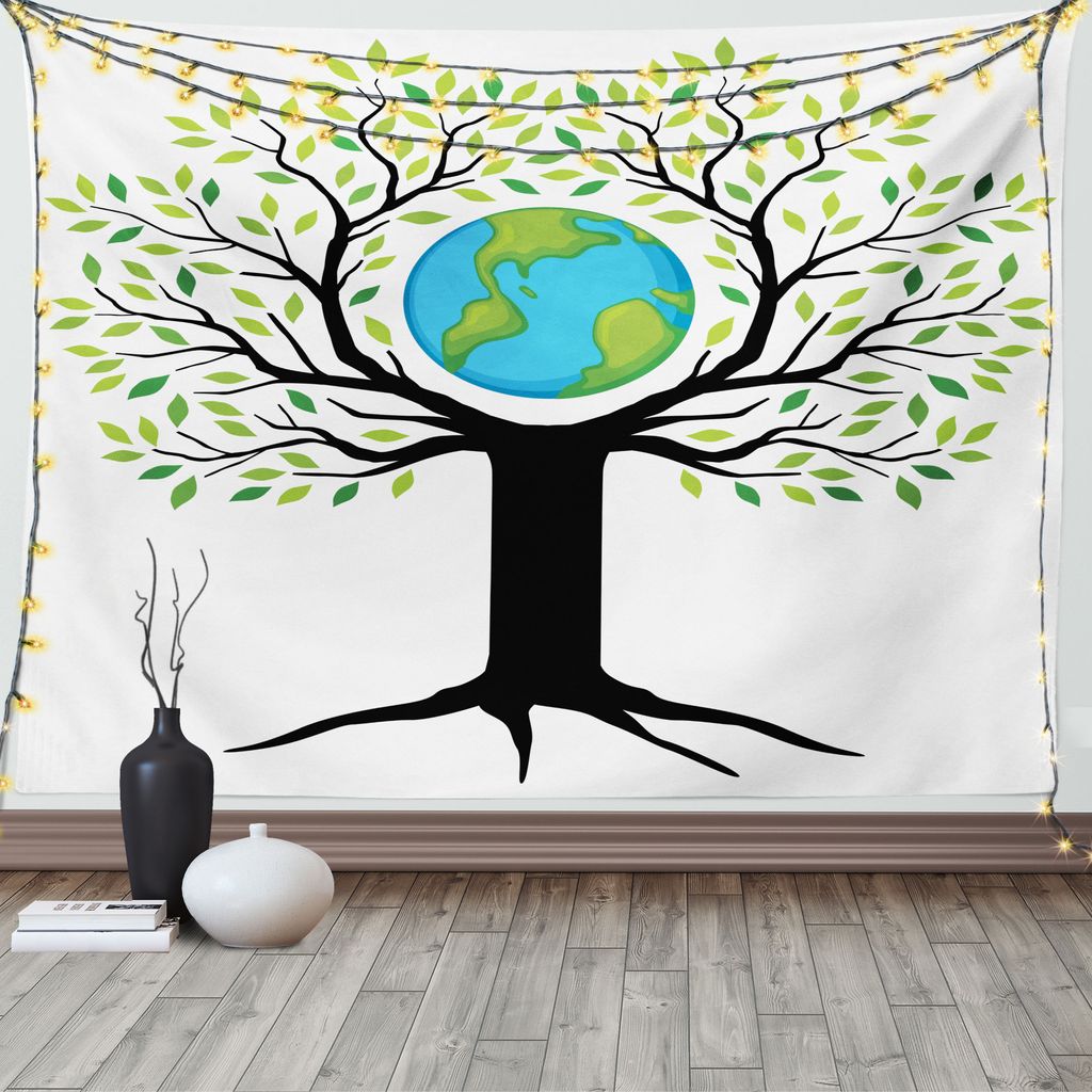 ABAKUHAUS Baum Wandteppich, Grüne freundliche Erde, Wohnzimmer Schlafzimmer Heim Seidiges Satin Wandteppich, 200 x 150 cm, Schwarz Grün Blau